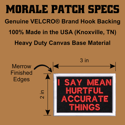 I Say Mean, Hurtful, Accurate Things Funny Morale Patch, 2x3" | Made in USA | VELCRO® Brand Hook Backing