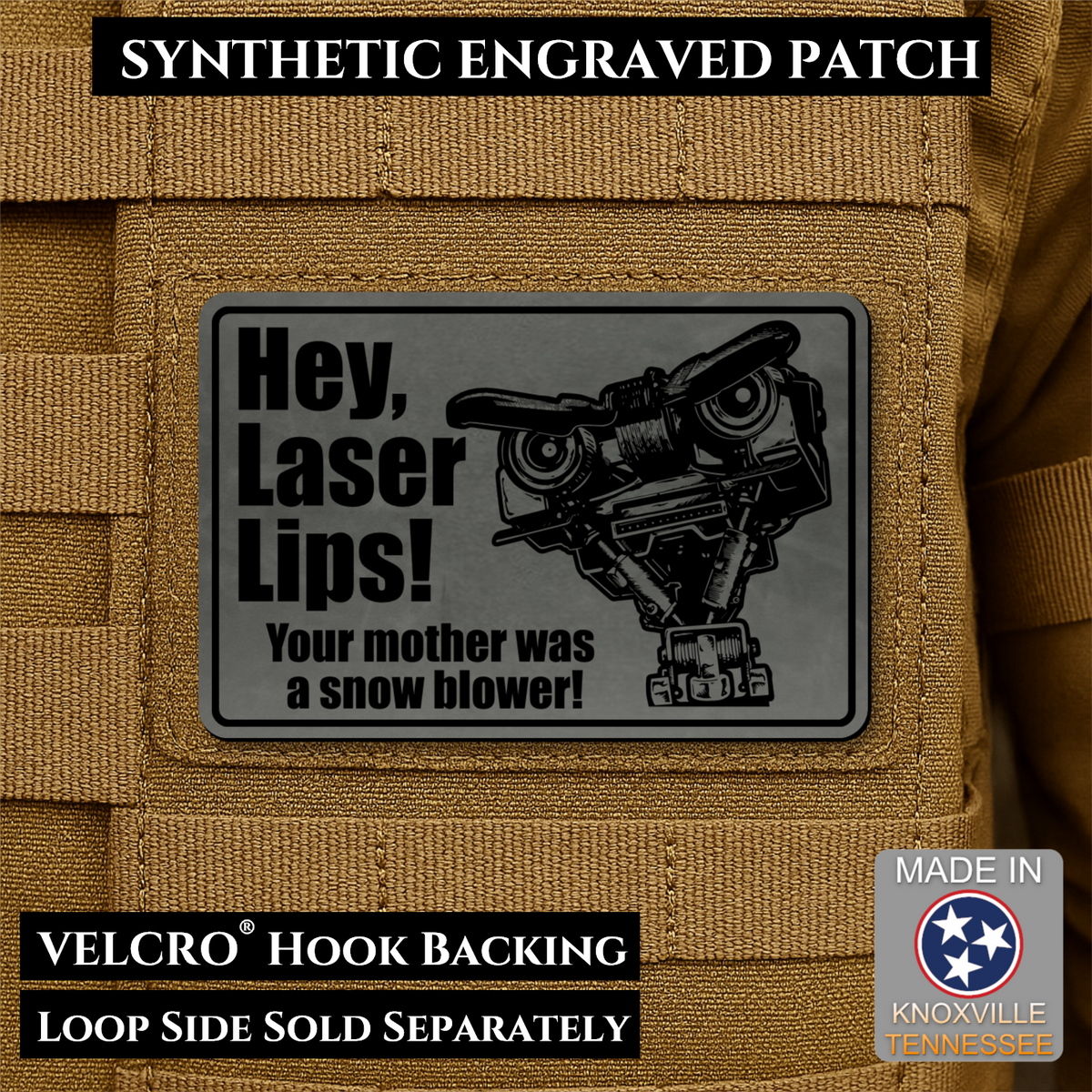 Hey Laser Lips, Johnny 5 Retro Funny Morale Patch, 2x3" | Made in USA | VELCRO® Brand Hook Backing