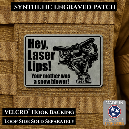 Hey Laser Lips, Johnny 5 Retro Funny Morale Patch, 2x3" | Made in USA | VELCRO® Brand Hook Backing