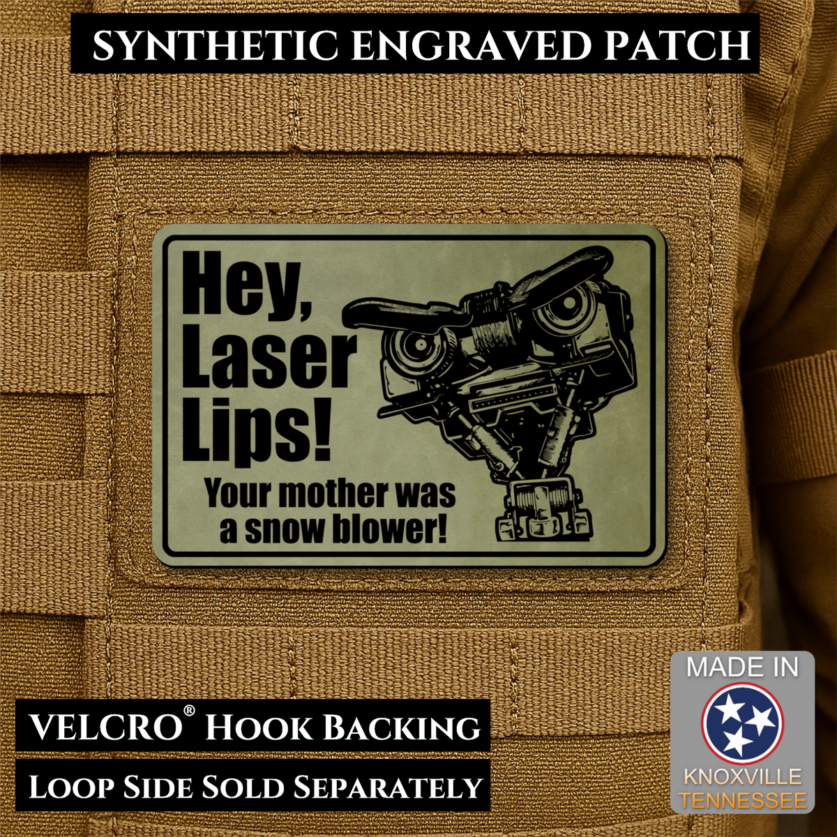 Hey Laser Lips, Johnny 5 Retro Funny Morale Patch, 2x3" | Made in USA | VELCRO® Brand Hook Backing