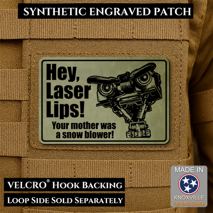 Hey Laser Lips, Johnny 5 Retro Funny Morale Patch, 2x3" | Made in USA | VELCRO® Brand Hook Backing