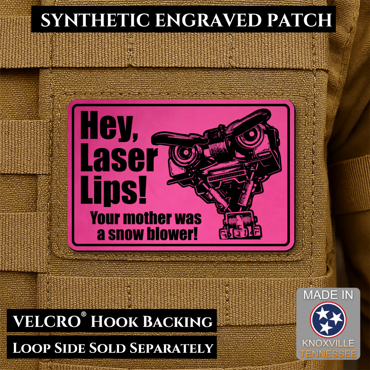 Hey Laser Lips, Johnny 5 Retro Funny Morale Patch, 2x3" | Made in USA | VELCRO® Brand Hook Backing