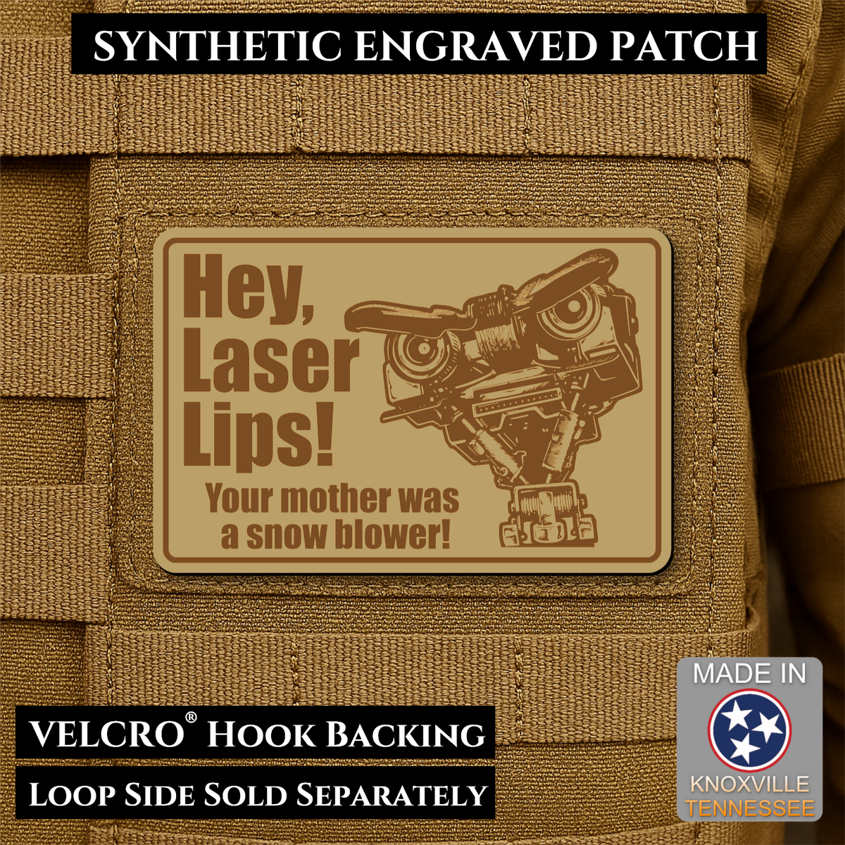 Hey Laser Lips, Johnny 5 Retro Funny Morale Patch, 2x3" | Made in USA | VELCRO® Brand Hook Backing