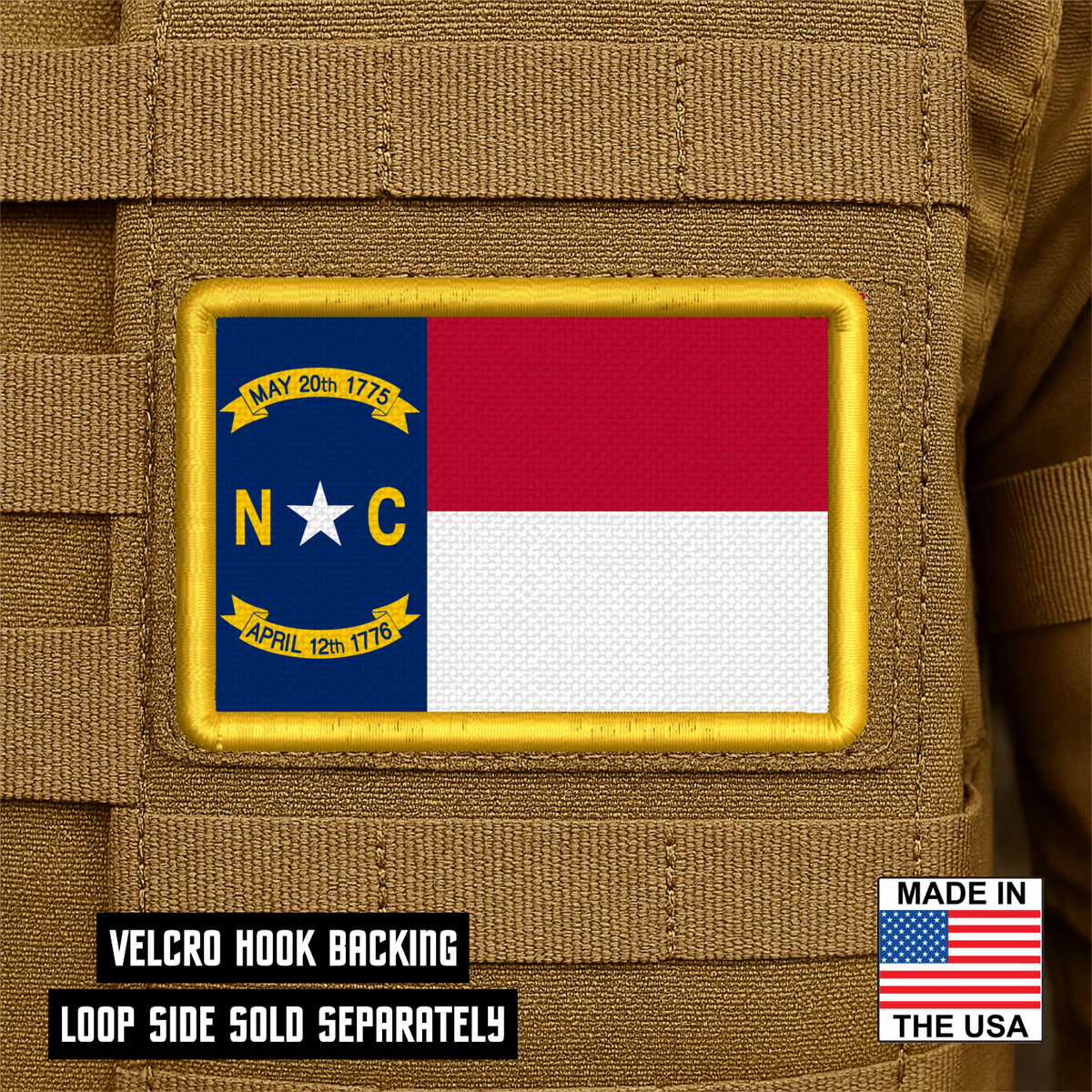 North Carolina State Flag Patch, 2x3" (Full Color & Tactical) | Made in USA | VELCRO® Brand Hook Backing