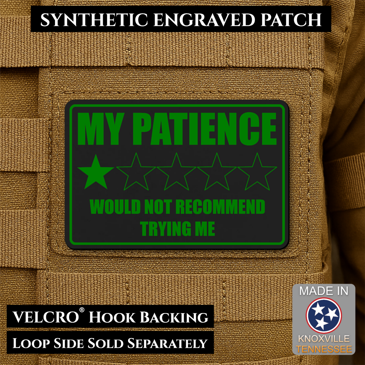 My Patience Is Thin Funny Morale Patch | Made in USA | VELCRO® Brand Hook Backing