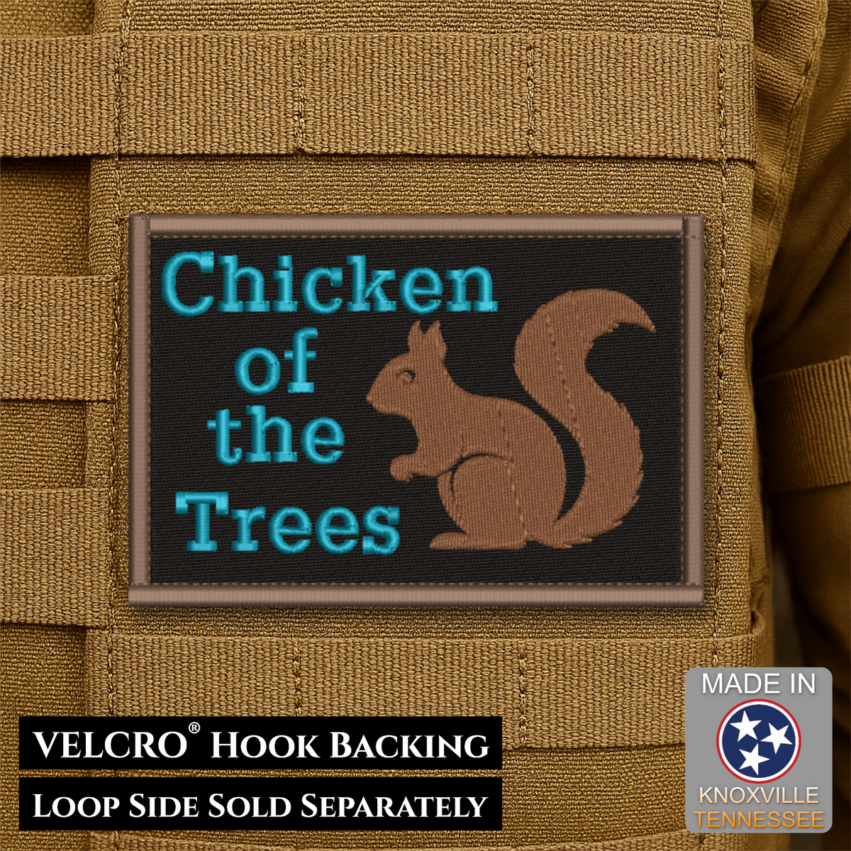 Squirrel, Chicken of the Trees Funny Morale Patch, 2x3" | Made in USA | VELCRO® Brand Hook Backing