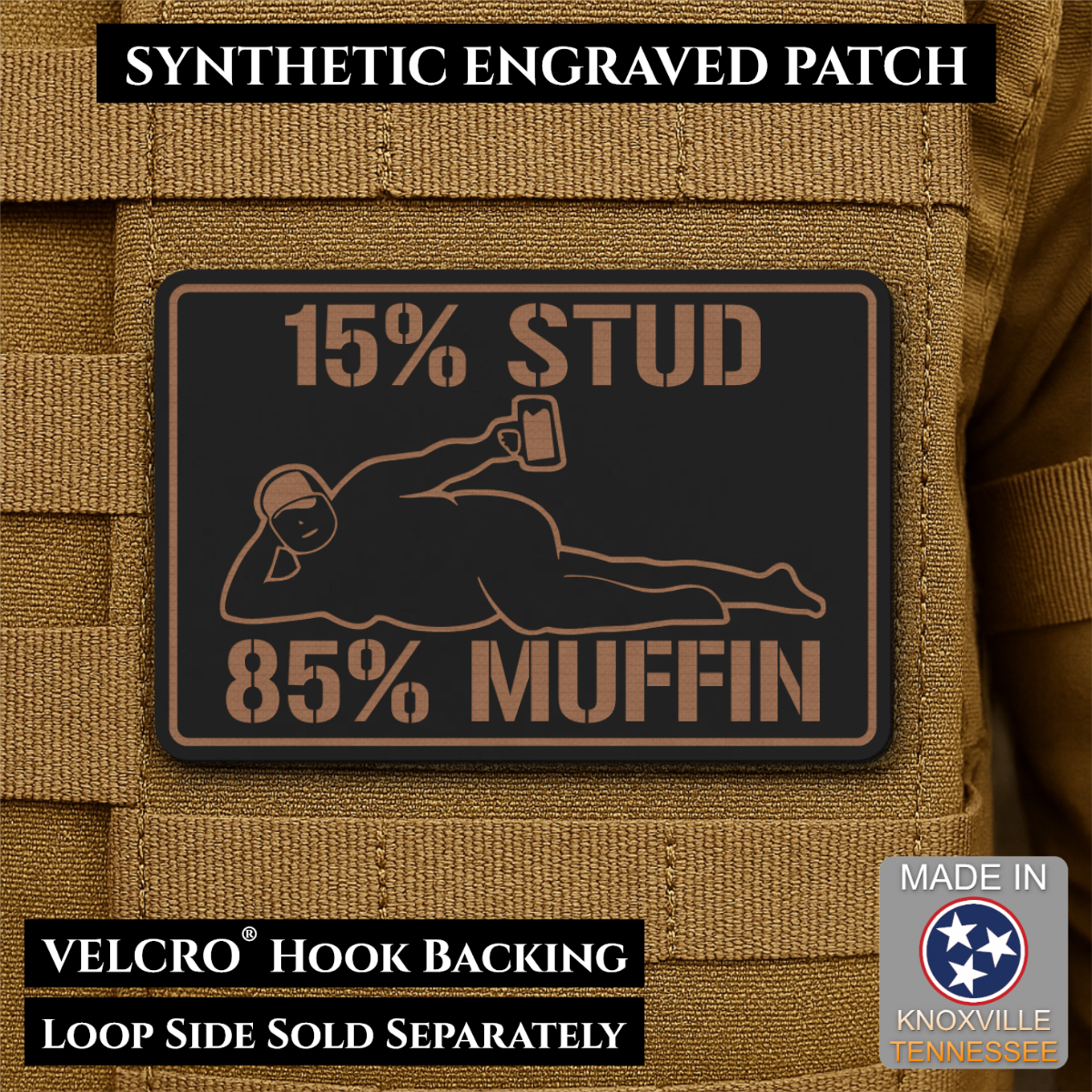 15% Stud 85% Muffin Funny Dad Bod Morale Patch, 2x3" | Made in USA | VELCRO® Brand Hook Backing