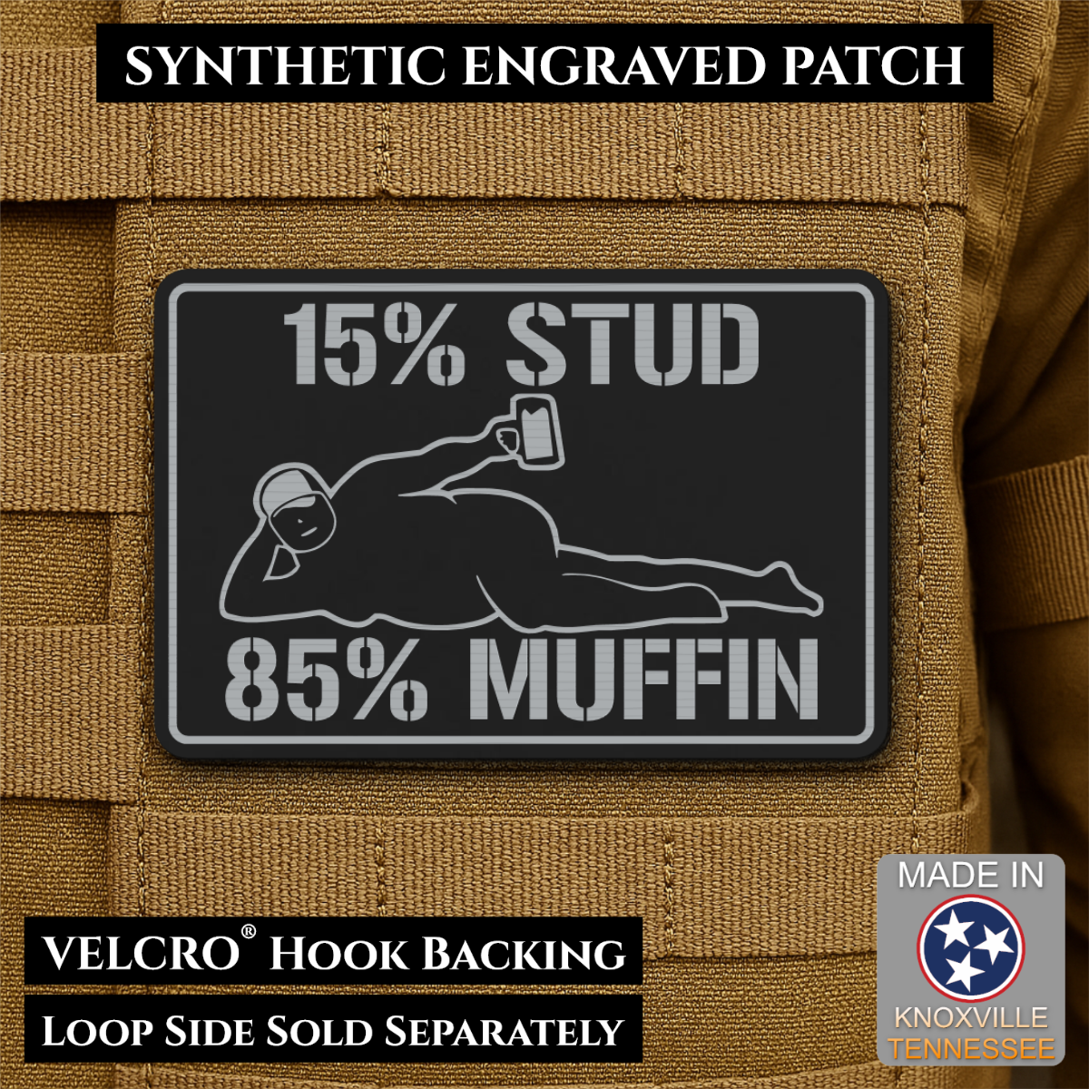 15% Stud 85% Muffin Funny Dad Bod Morale Patch, 2x3" | Made in USA | VELCRO® Brand Hook Backing