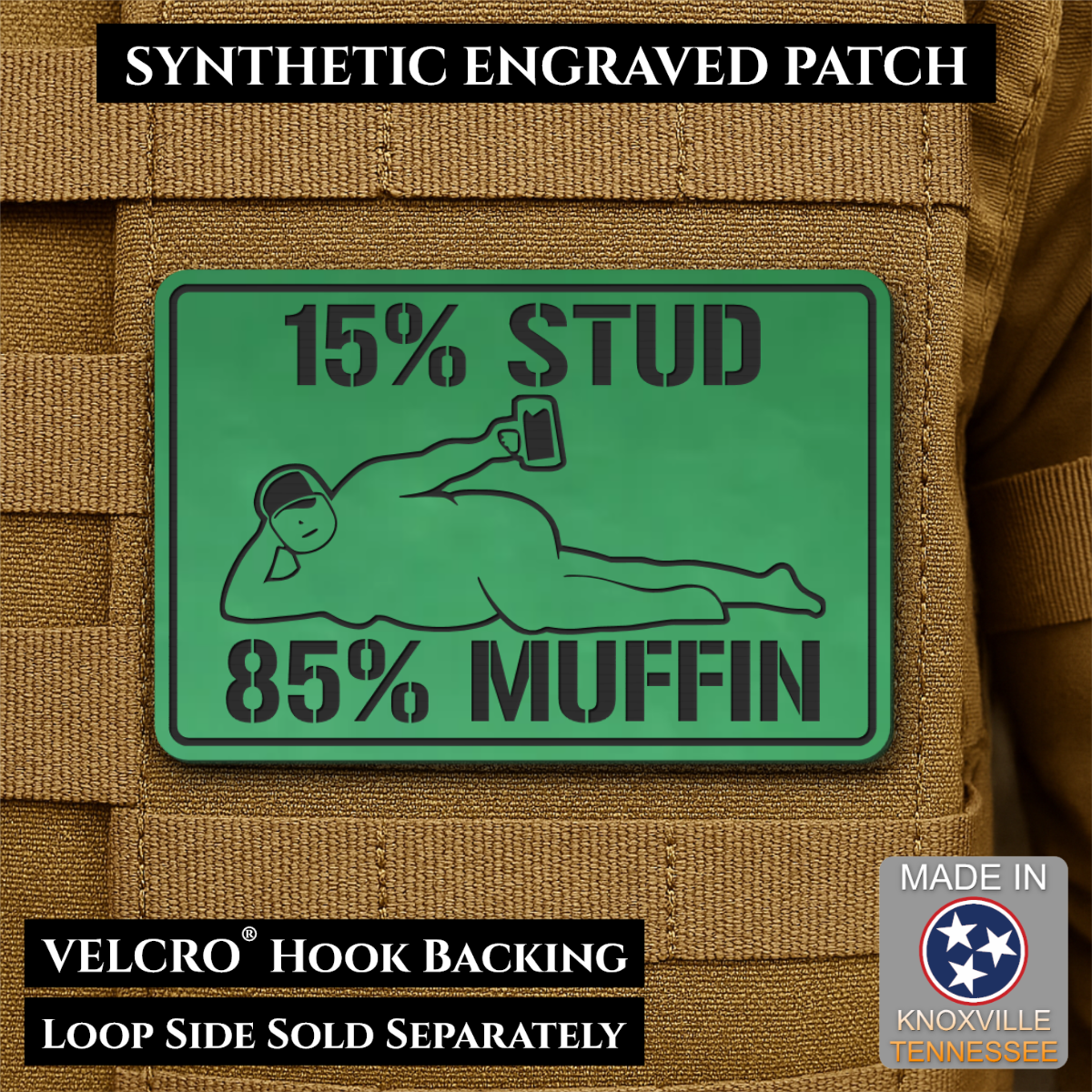 15% Stud 85% Muffin Funny Dad Bod Morale Patch, 2x3" | Made in USA | VELCRO® Brand Hook Backing