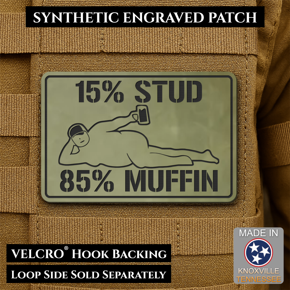 15% Stud 85% Muffin Funny Dad Bod Morale Patch, 2x3" | Made in USA | VELCRO® Brand Hook Backing