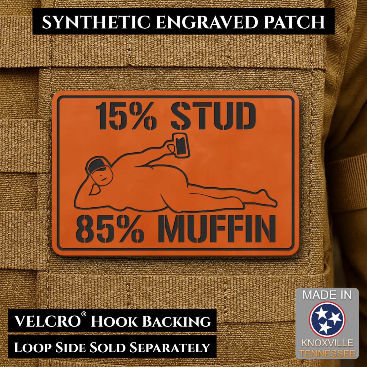 15% Stud 85% Muffin Funny Dad Bod Morale Patch, 2x3" | Made in USA | VELCRO® Brand Hook Backing
