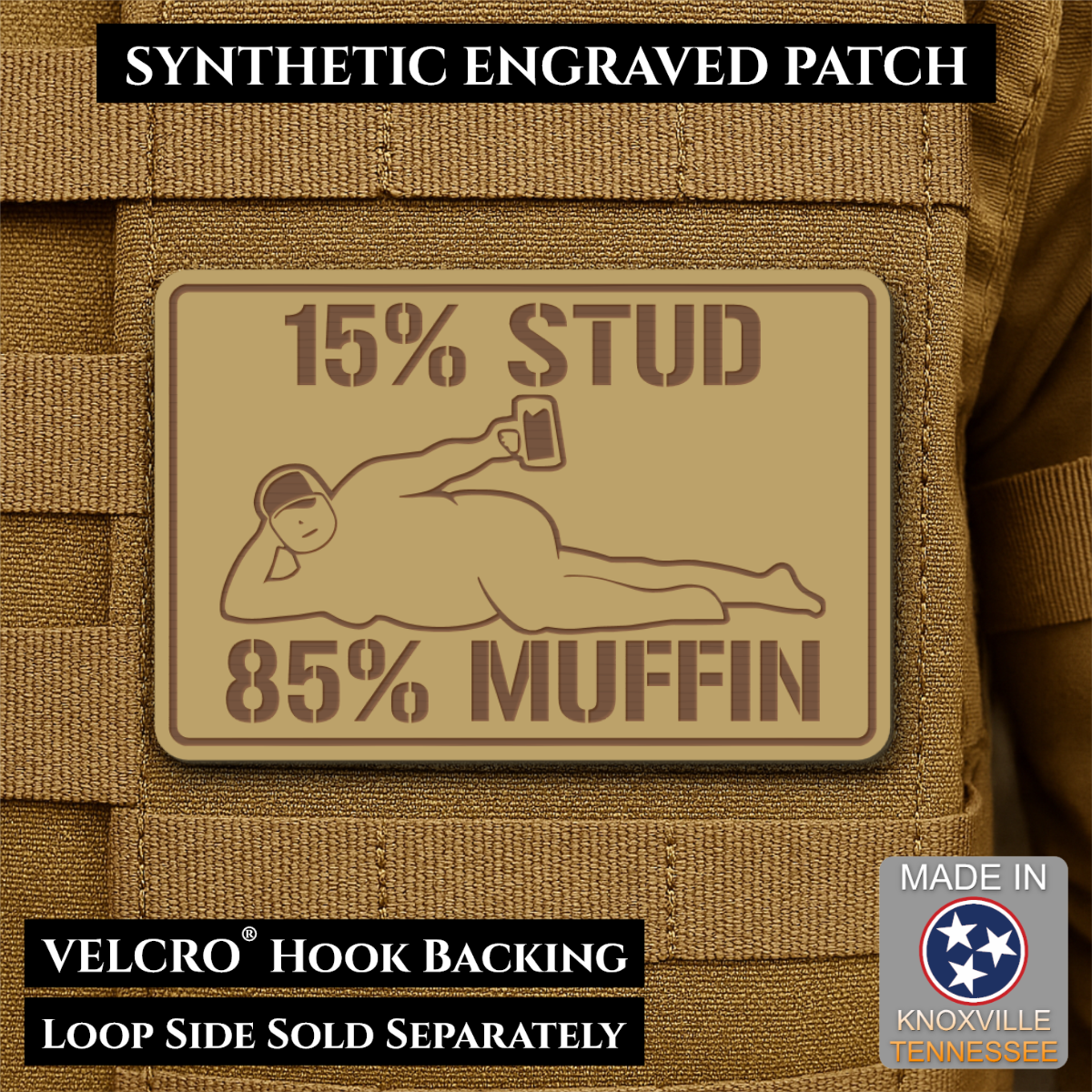 15% Stud 85% Muffin Funny Dad Bod Morale Patch, 2x3" | Made in USA | VELCRO® Brand Hook Backing