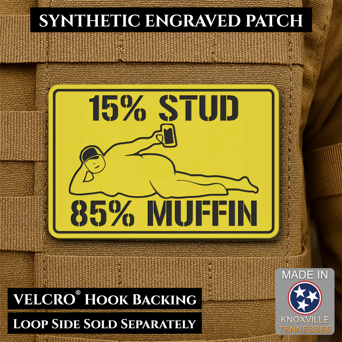15% Stud 85% Muffin Funny Dad Bod Morale Patch, 2x3" | Made in USA | VELCRO® Brand Hook Backing