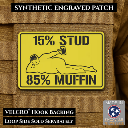 15% Stud 85% Muffin Funny Dad Bod Morale Patch, 2x3" | Made in USA | VELCRO® Brand Hook Backing