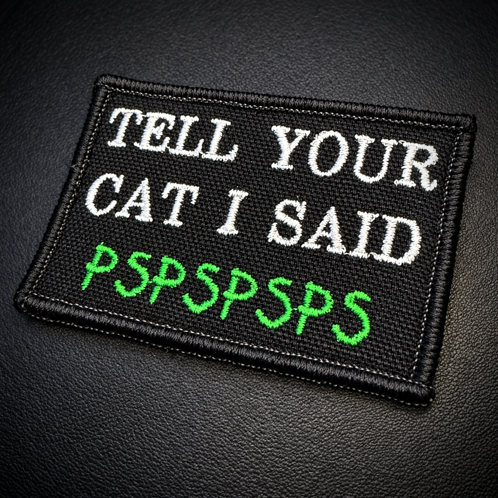 Tell Your Cat I Said PSPSPSP Funny Embroidered Morale Patch, 2x3" | VELCRO® Brand Hook Backing