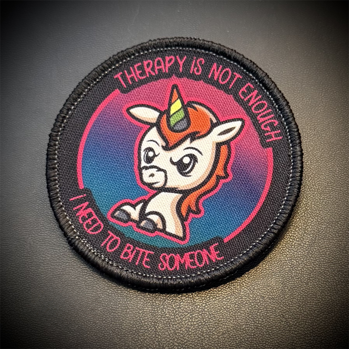Therapy Unicorn Funny Printed Morale Patch, 3" Round | VELCRO® Brand Hook Backing