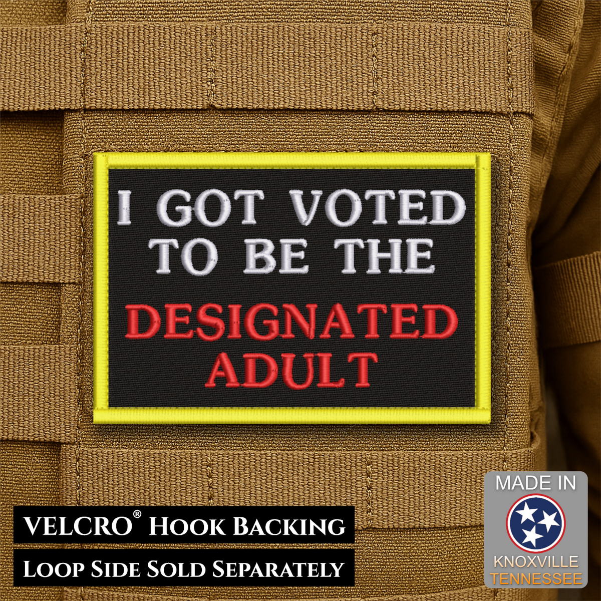 I'm The Designated Adult Funny Morale Patch, 2x3" | Made in USA | VELCRO® Brand Hook Backing