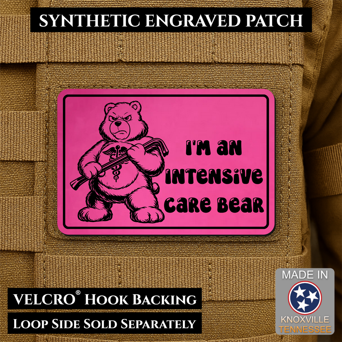 Intensive Care Bear Funny Nurse Medic Morale Patch, 2x3" | Made in USA | VELCRO® Brand Hook Backing